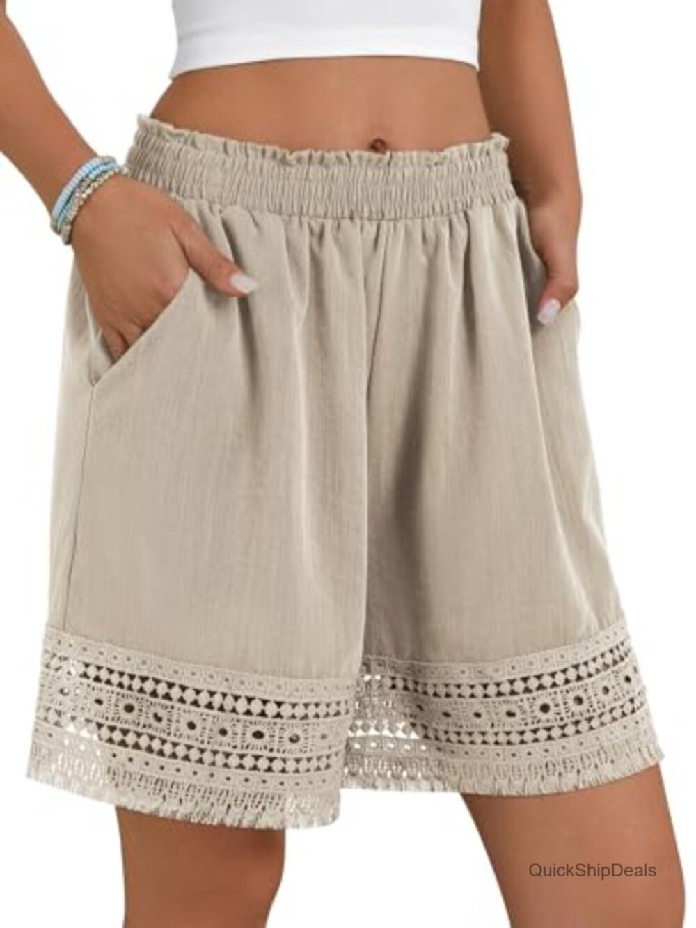 Casual Elastic Waist Lace Trim Linen Ruffle Shorts - Picture 2 of 7
